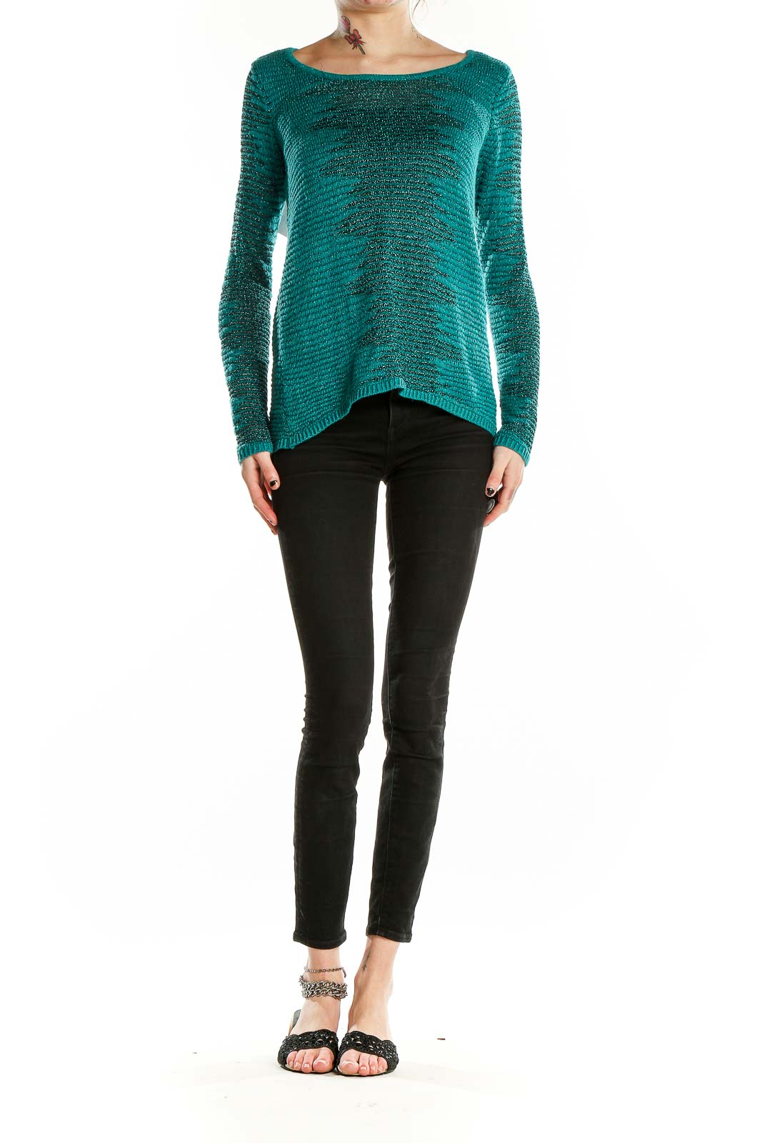 Front view of teal metallic knit sweater by Rock & Republic