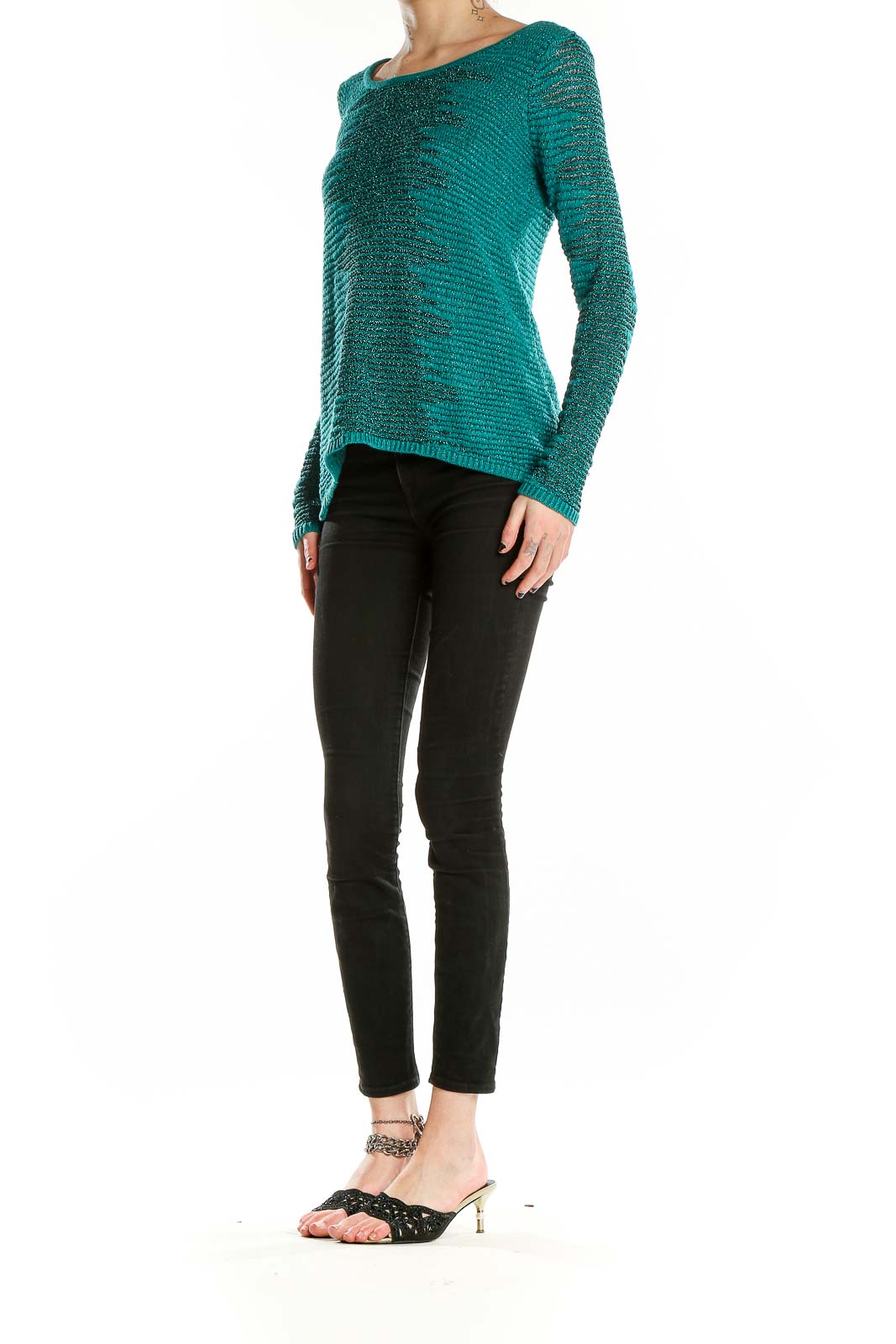 Front view of teal metallic knit sweater by Rock & Republic