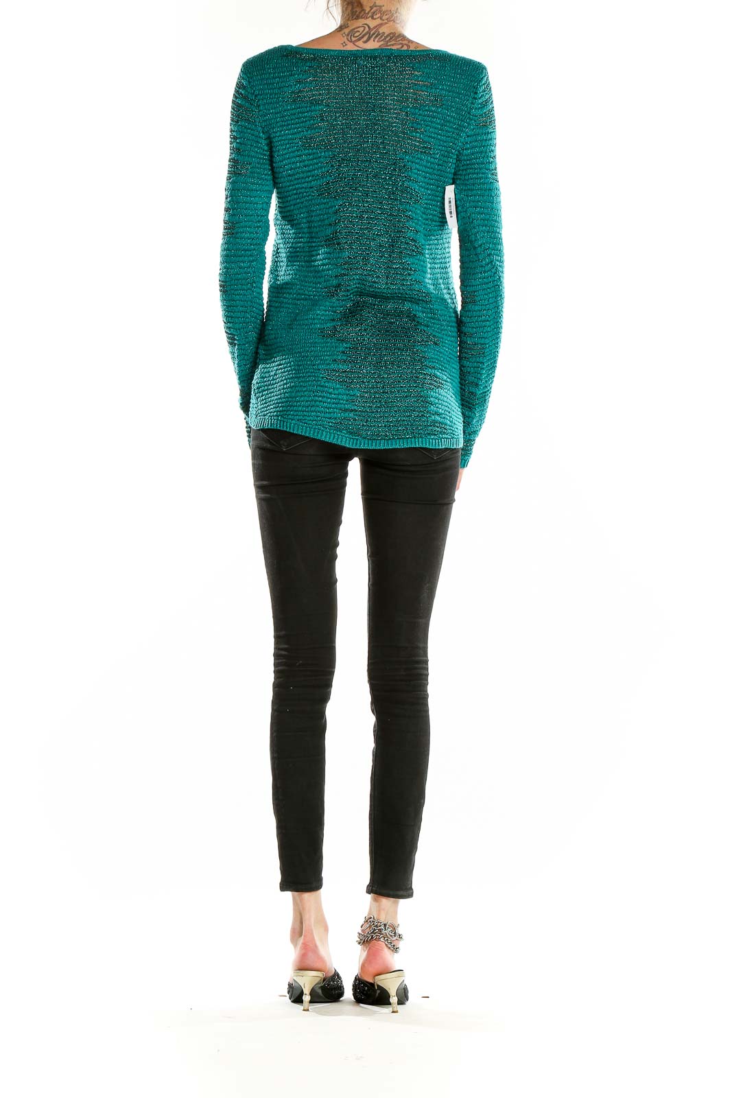 Back view of teal metallic knit sweater by Rock & Republic