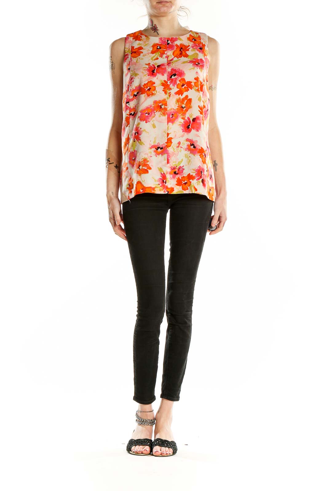 Front view of LOFT orange floral sleeveless blouse on model