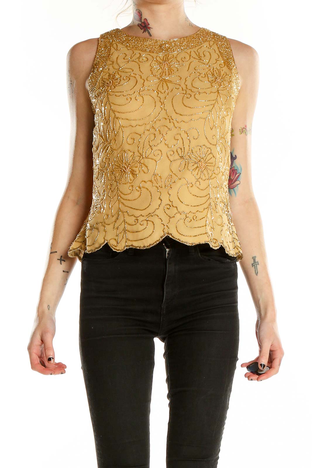 Front view of Jkara golden embroidered sleeveless blouse