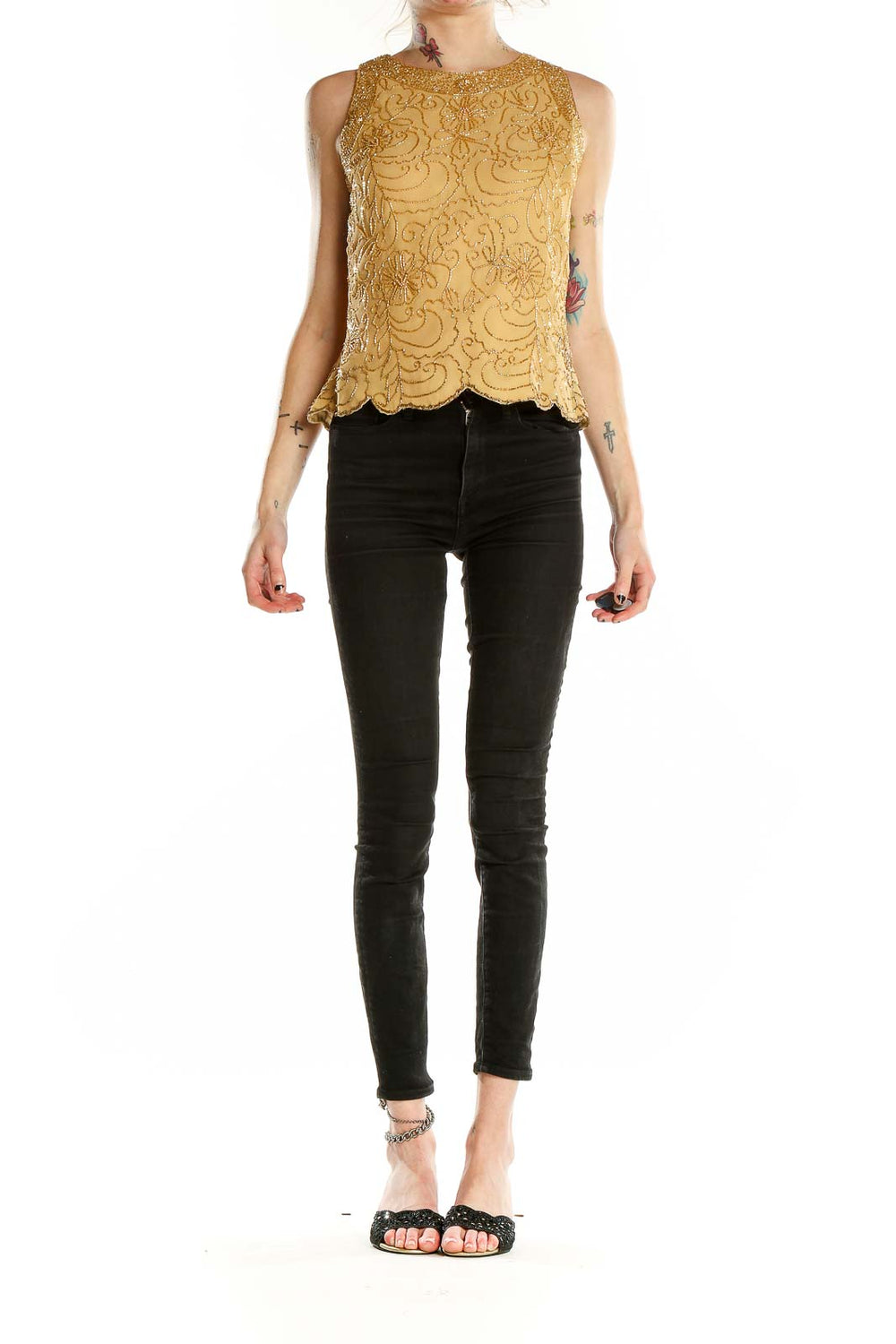 Front view of Jkara golden embroidered sleeveless blouse