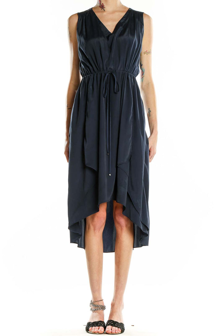 Front view of Kenneth Cole New York black sleeveless midi dress with V-neck and high-low hem