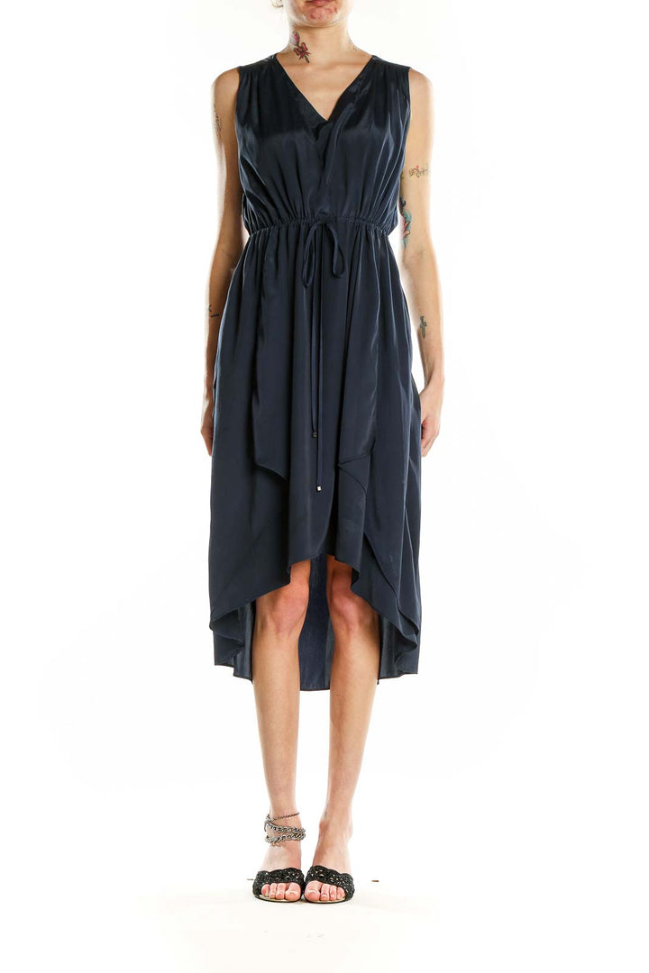 Front view of Kenneth Cole New York black sleeveless midi dress with V-neck and high-low hem