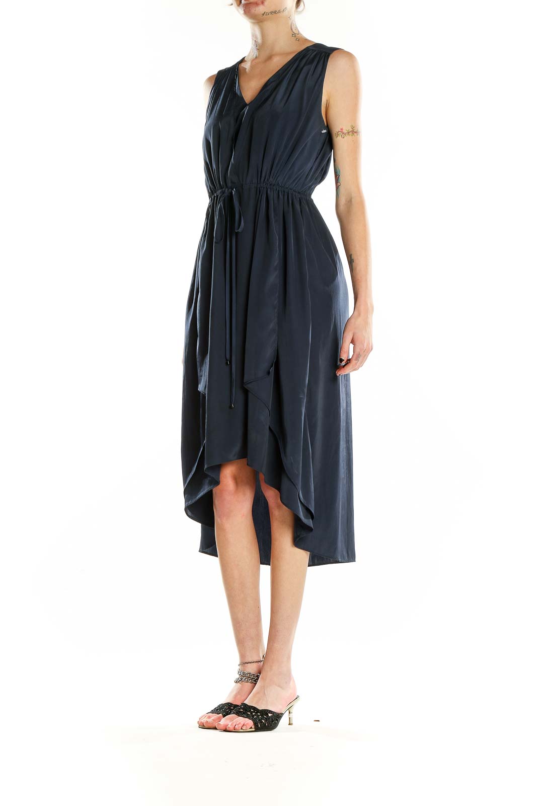 Front view of Kenneth Cole New York black sleeveless midi dress with V-neck and high-low hem