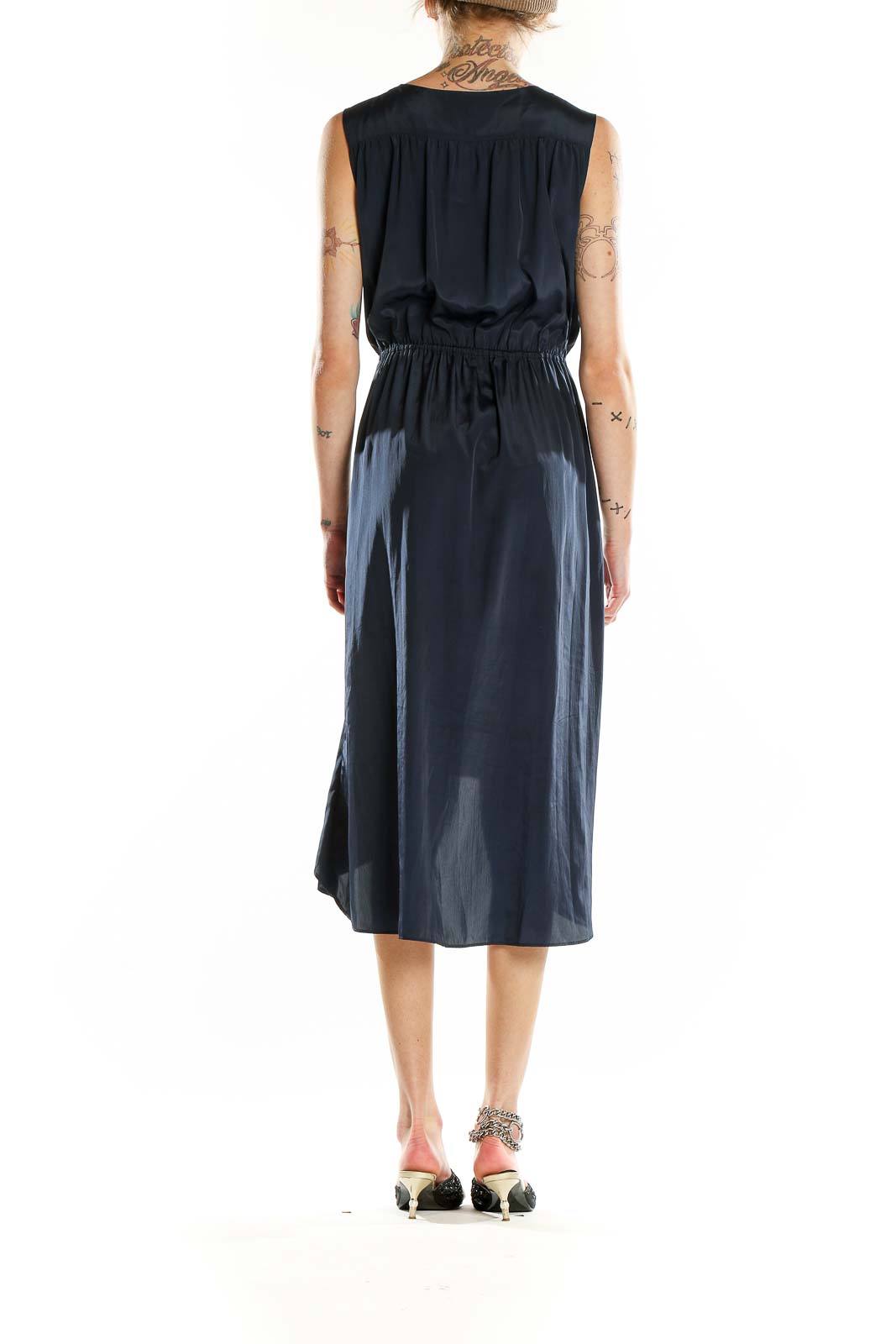 Back view of Kenneth Cole New York black sleeveless midi dress showing gathered details and high-low hemline