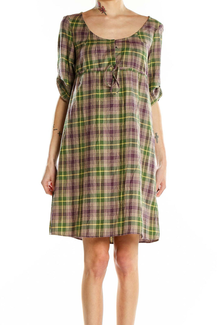 Green Purple Plaid Shorts Sleeve Casual Dress