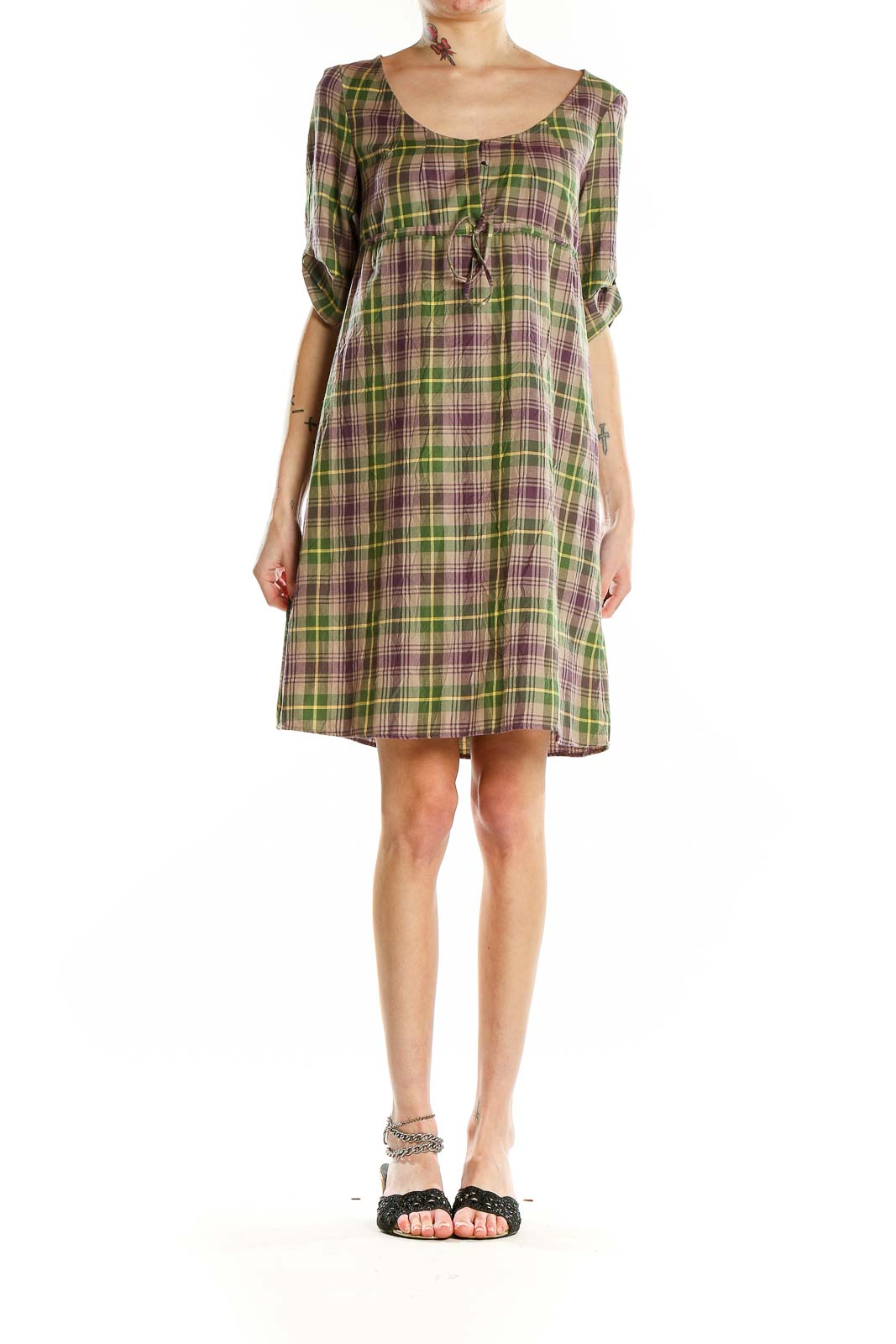 Green Purple Plaid Shorts Sleeve Casual Dress