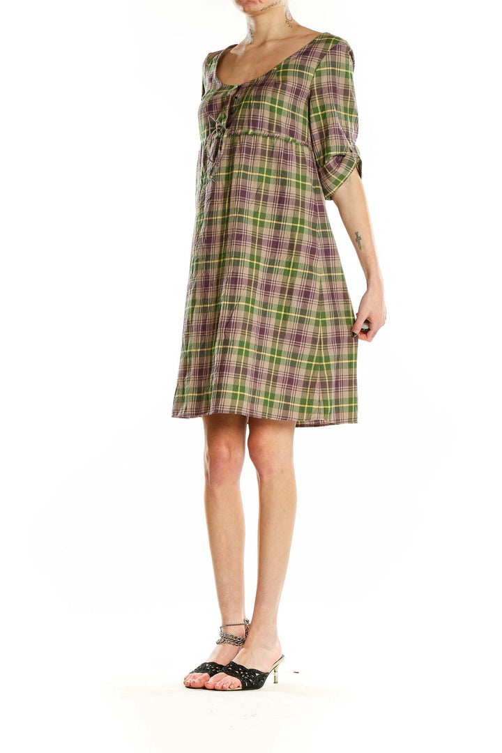 Green Purple Plaid Shorts Sleeve Casual Dress