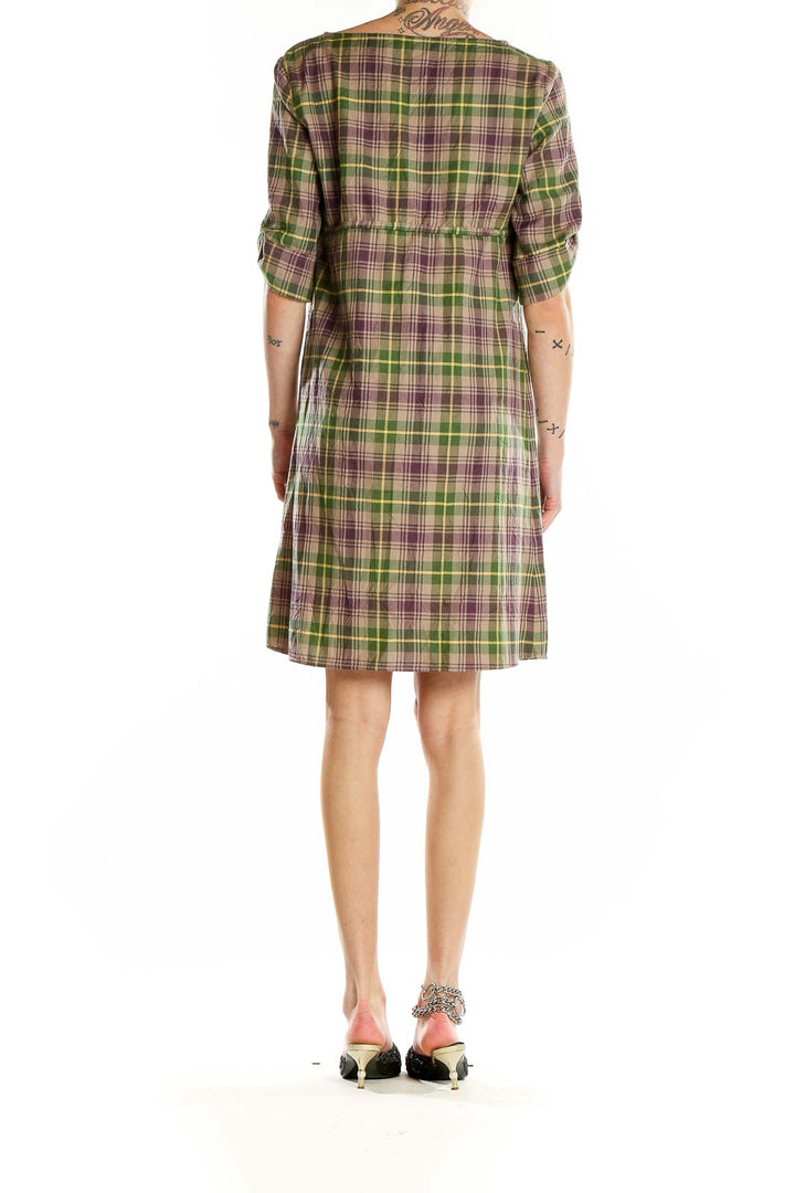 Green Purple Plaid Shorts Sleeve Casual Dress