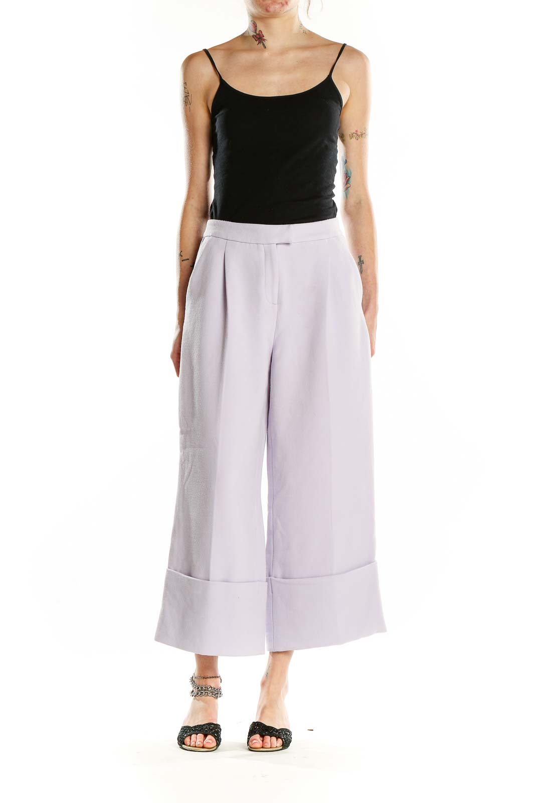 Front view of Halogen lavender wide-leg cropped trousers on model