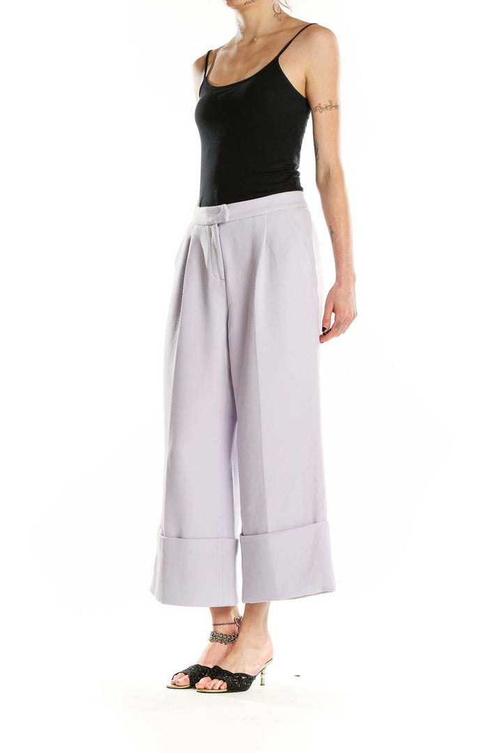 Front view of Halogen lavender wide-leg cropped trousers on model