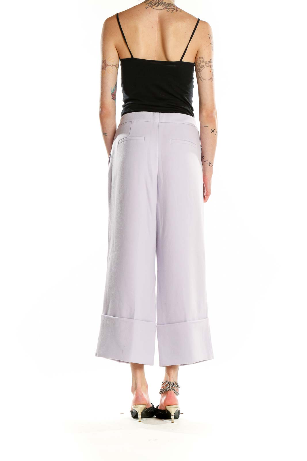 Back view of Halogen lavender wide-leg cropped trousers on model