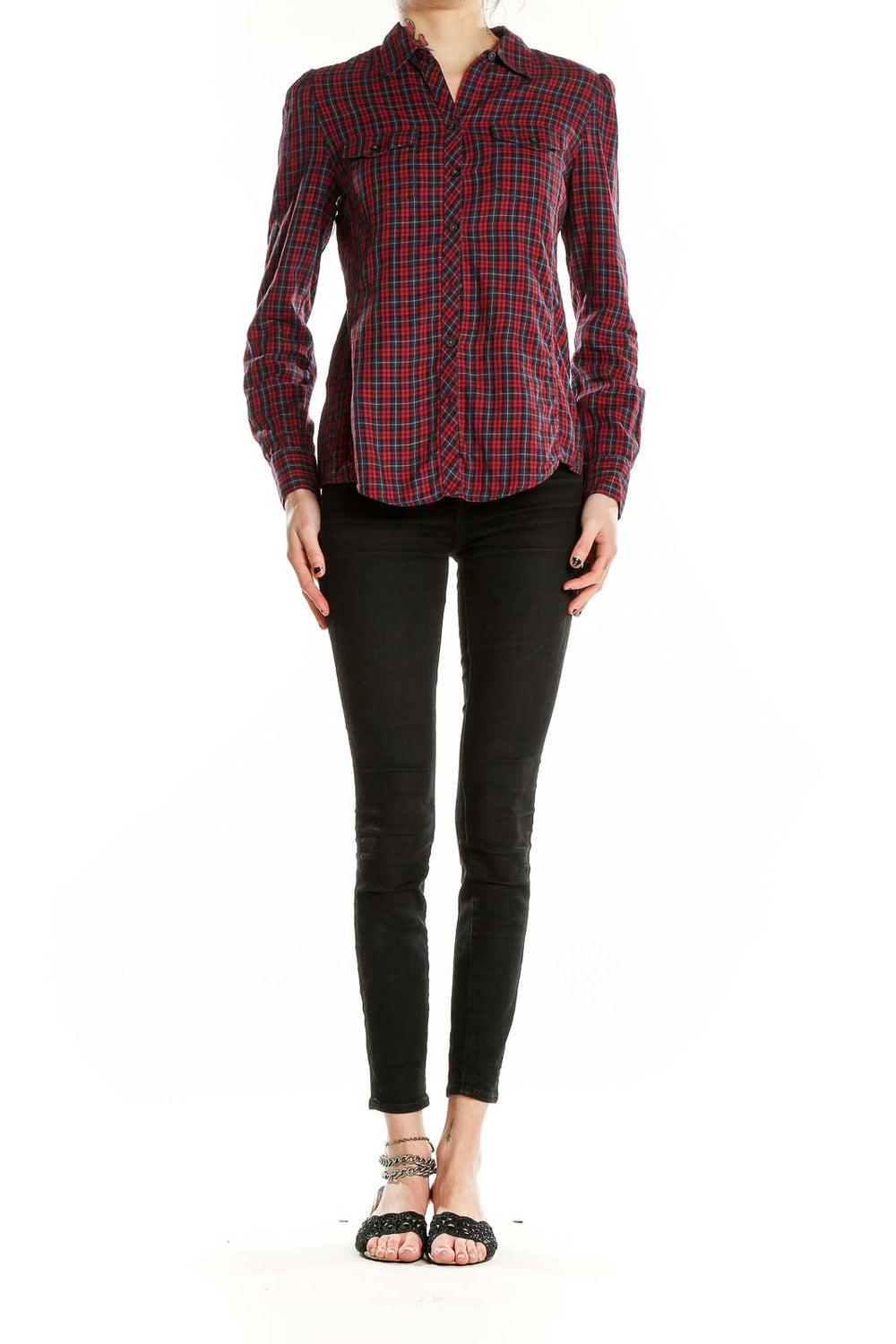 Front view of Banana Republic red plaid button-up shirt on model