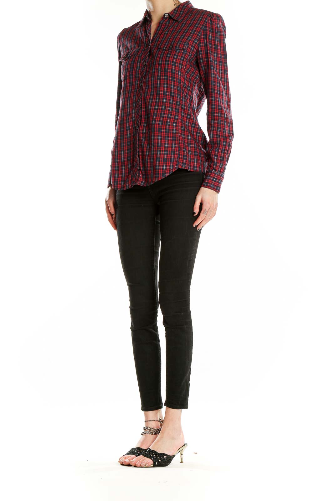 Front view of Banana Republic red plaid button-up shirt on model