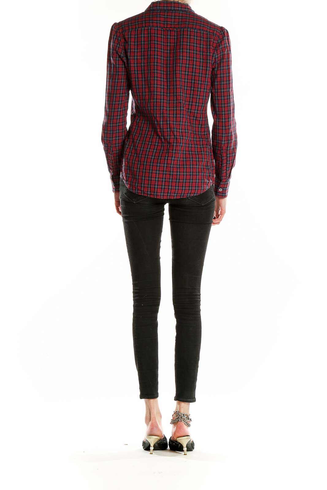 Back view of Banana Republic red plaid button-up shirt on model with black jeans