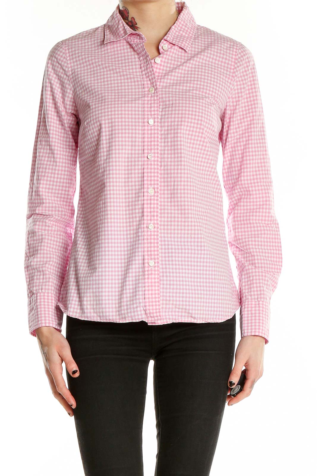 Front view of J.Crew pink gingham check cotton button-up shirt on model