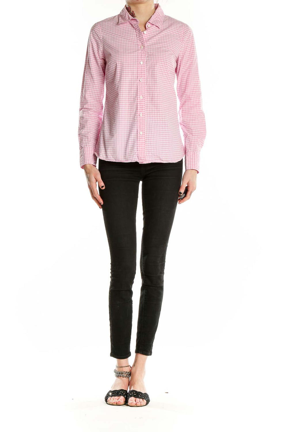 Front view of J.Crew pink gingham check cotton button-up shirt on model