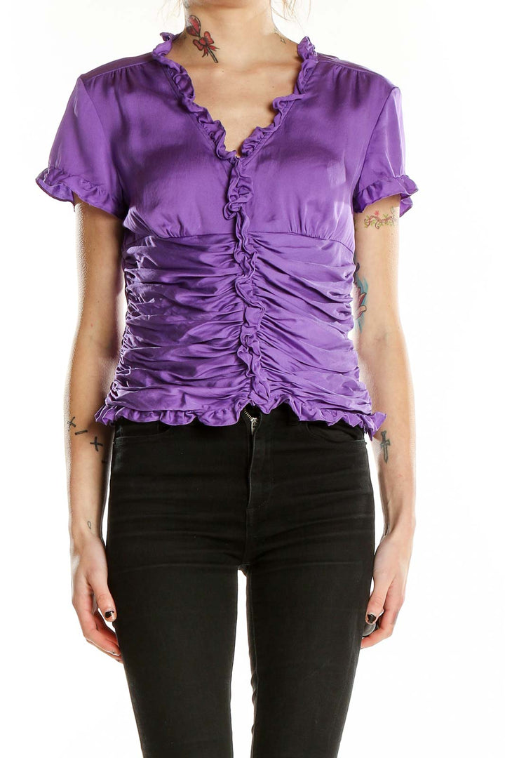 Front view of purple ruched silk blend top by Antonio Melani