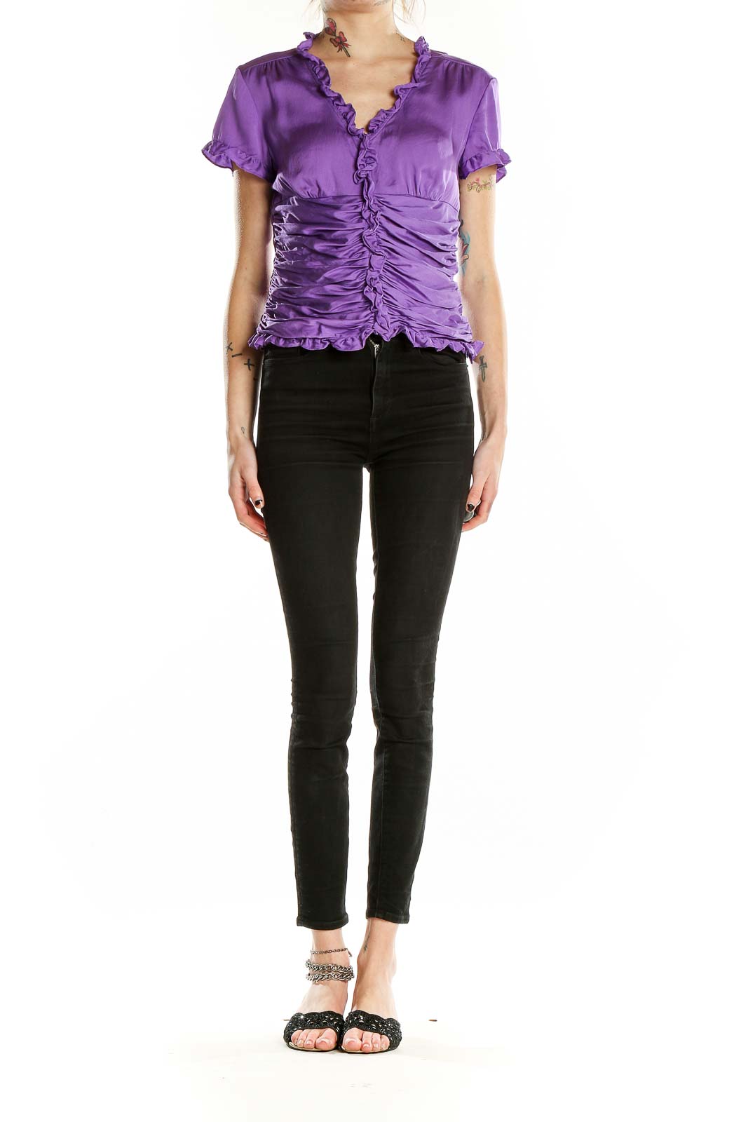 Front view of purple ruched silk blend top by Antonio Melani