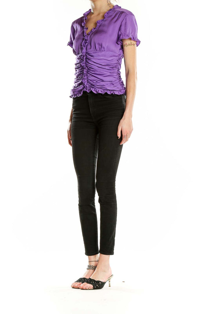 Front view of purple ruched silk blend top by Antonio Melani