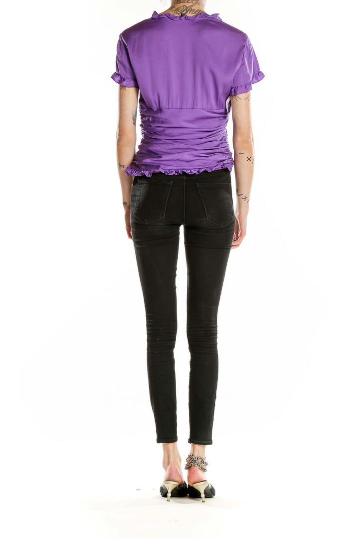 Back view of purple ruched silk blend top by Antonio Melani