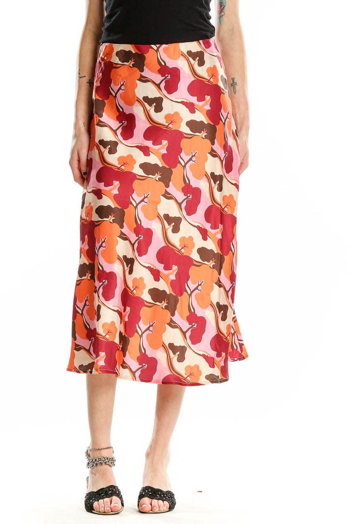 Red Orange Printed Midi Skirt