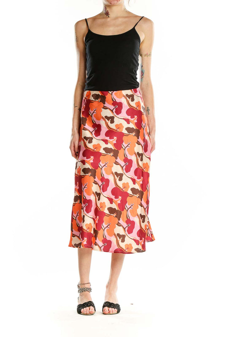 Red Orange Printed Midi Skirt