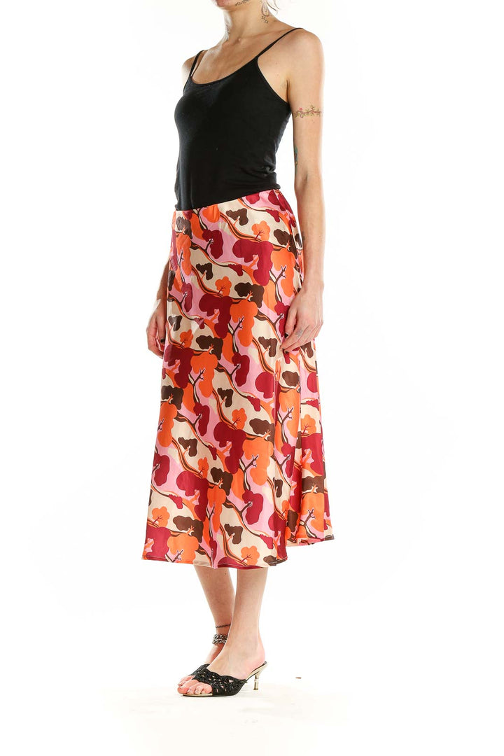 Red Orange Printed Midi Skirt