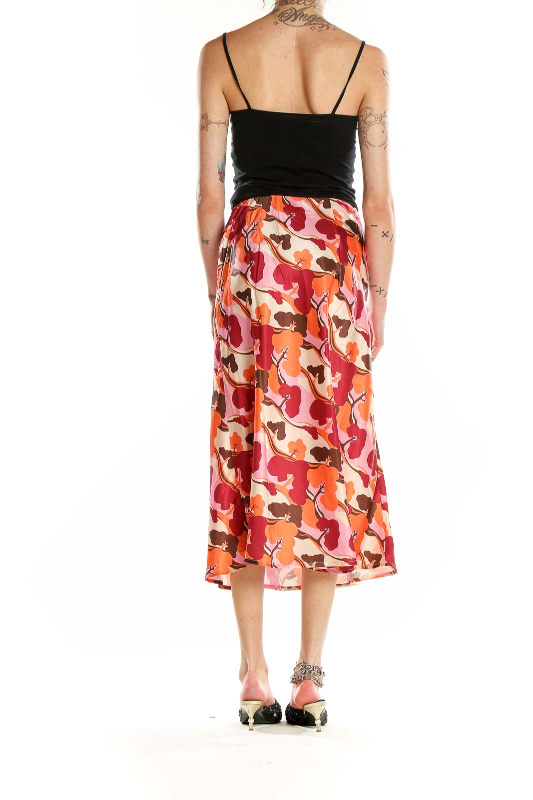 Red Orange Printed Midi Skirt