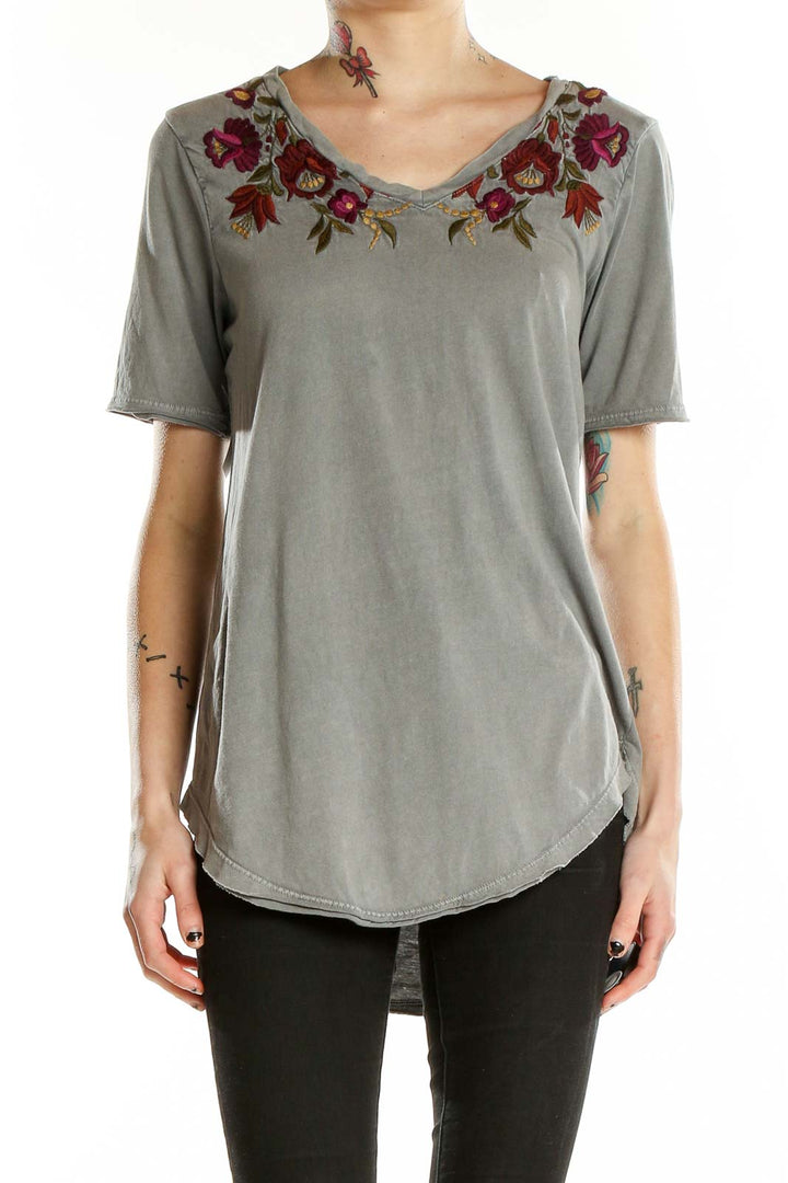 Gray Floral Embroidered T-Shirt