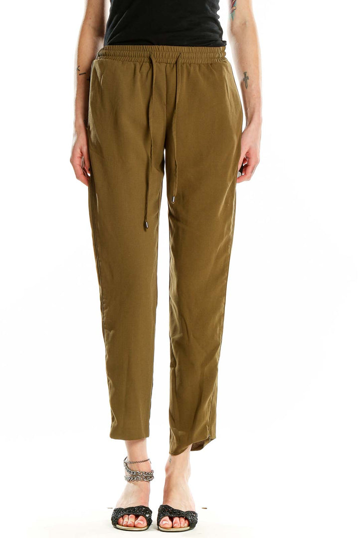 Front view of Topshop olive green relaxed fit drawstring pants