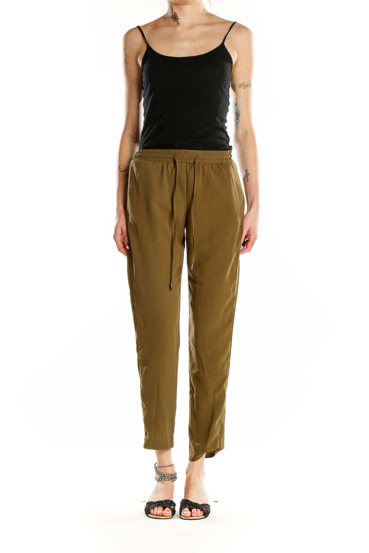 Front view of Topshop olive green relaxed fit drawstring pants