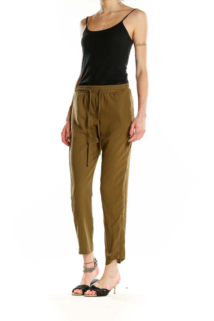 Front view of Topshop olive green relaxed fit drawstring pants