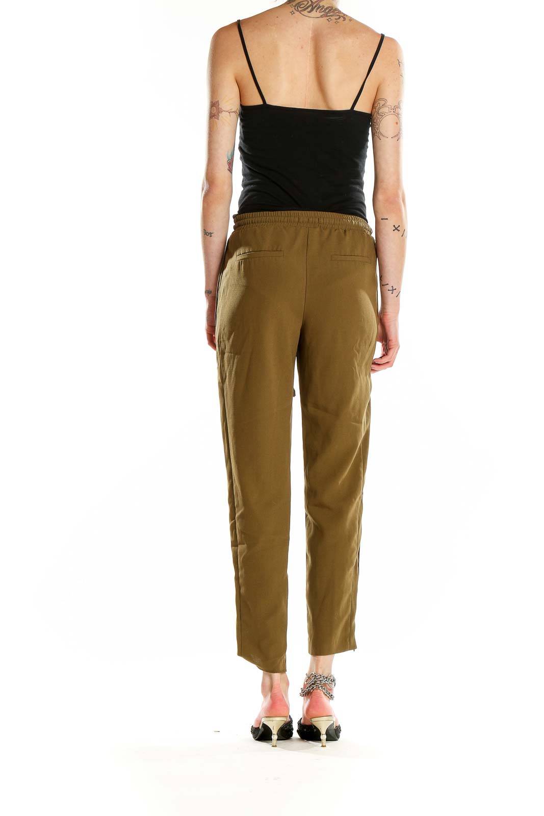 Back view of Topshop olive green relaxed fit drawstring pants