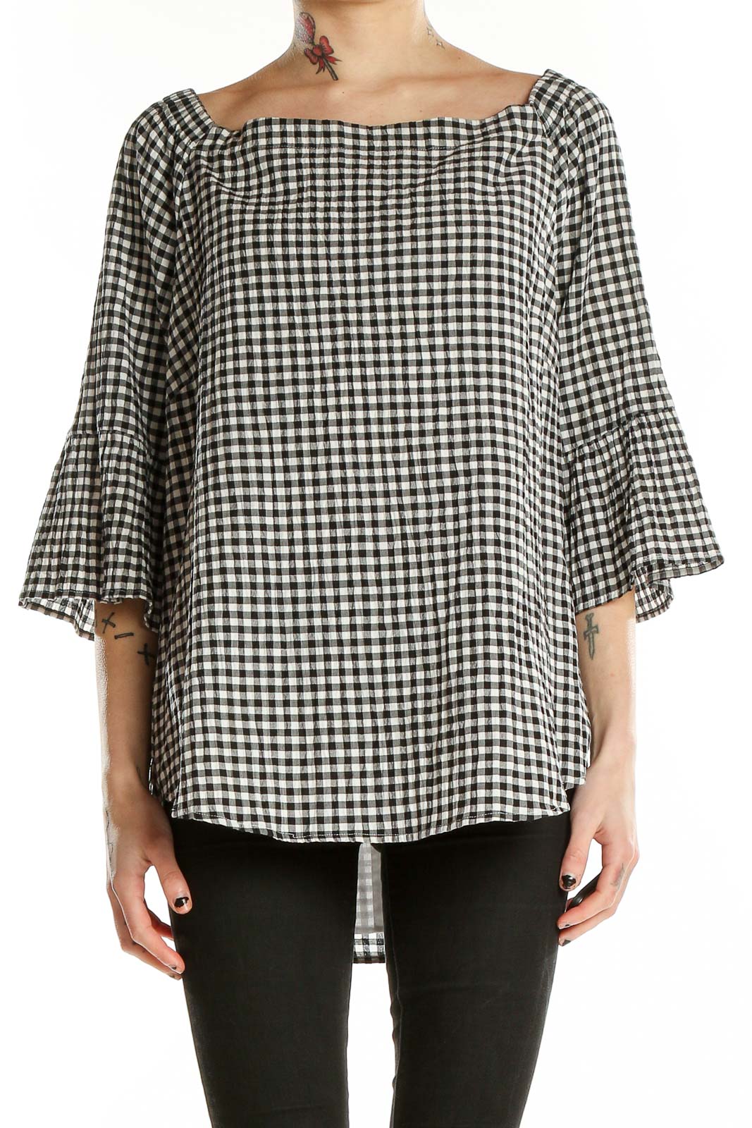 Front view of Black and White Gingham Off-Shoulder Top from White House Black Market