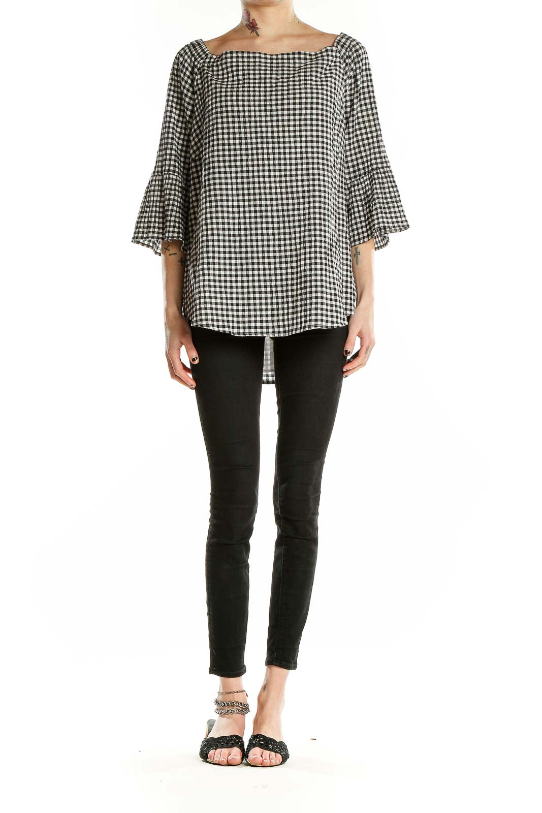 Front view of Black and White Gingham Off-Shoulder Top from White House Black Market