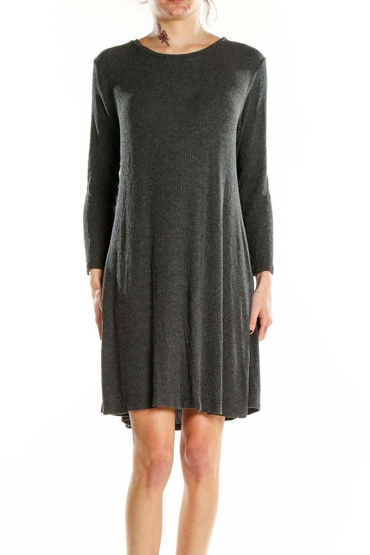 Front view of charcoal ribbed long sleeve swing dress by Velvet by Graham & Spencer