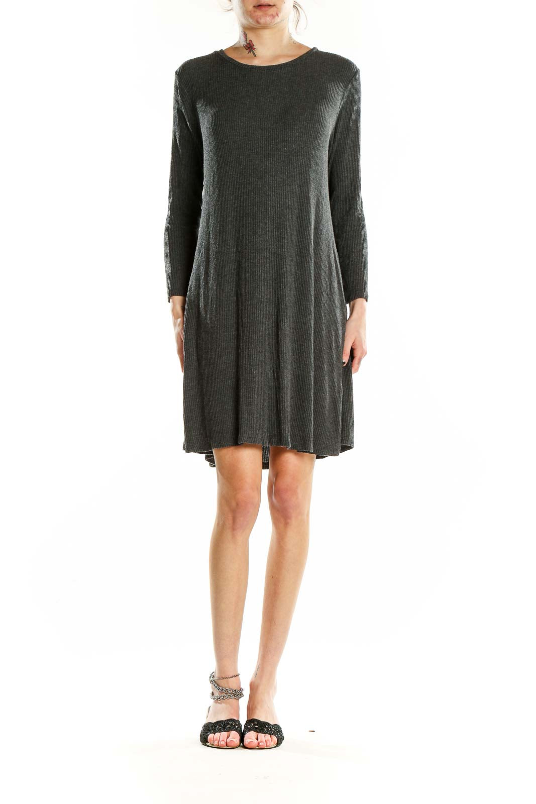 Front view of charcoal ribbed long sleeve swing dress by Velvet by Graham & Spencer