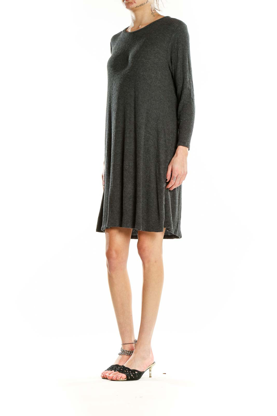 Front view of charcoal ribbed long sleeve swing dress by Velvet by Graham & Spencer