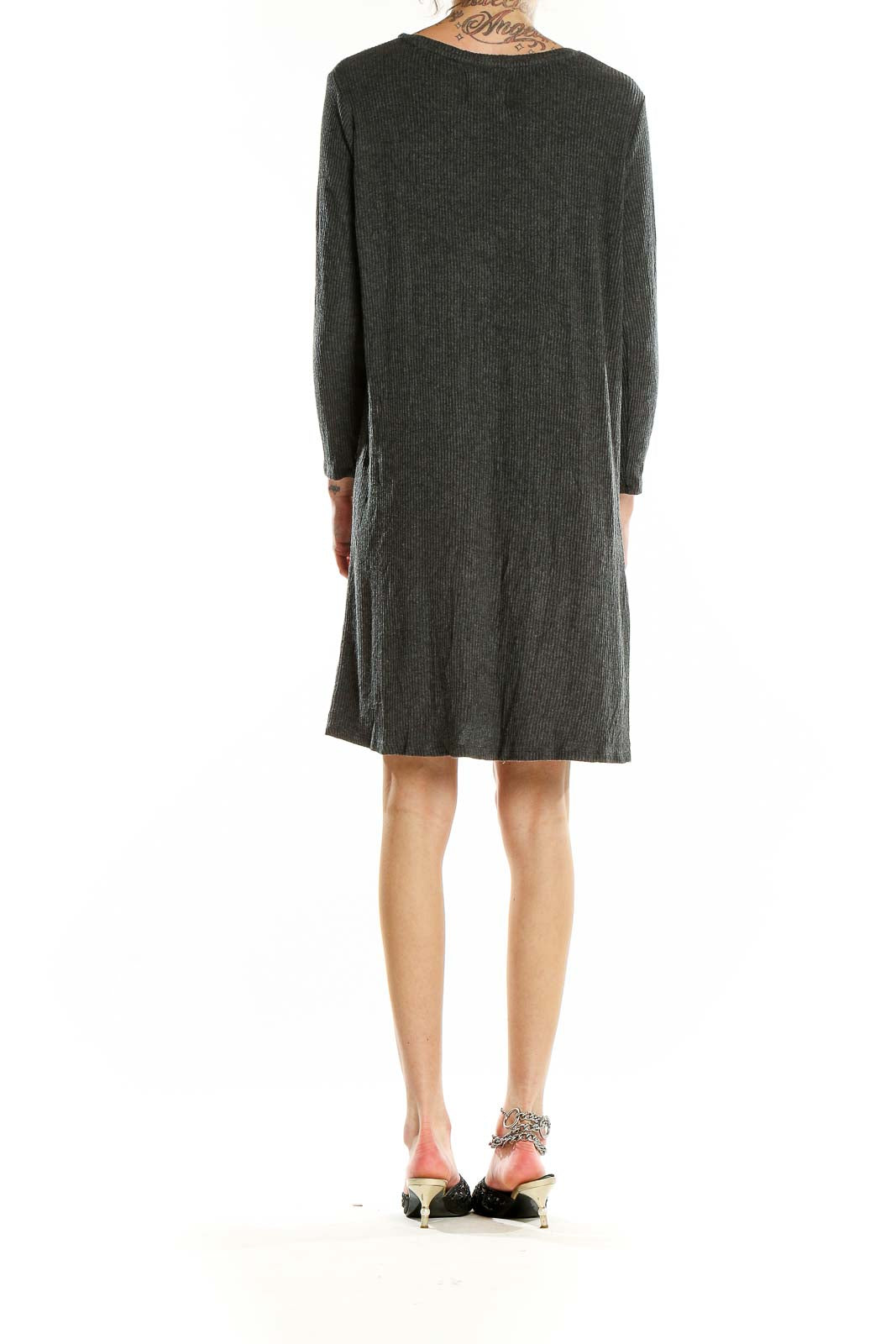 Back view of charcoal ribbed long sleeve swing dress by Velvet by Graham & Spencer