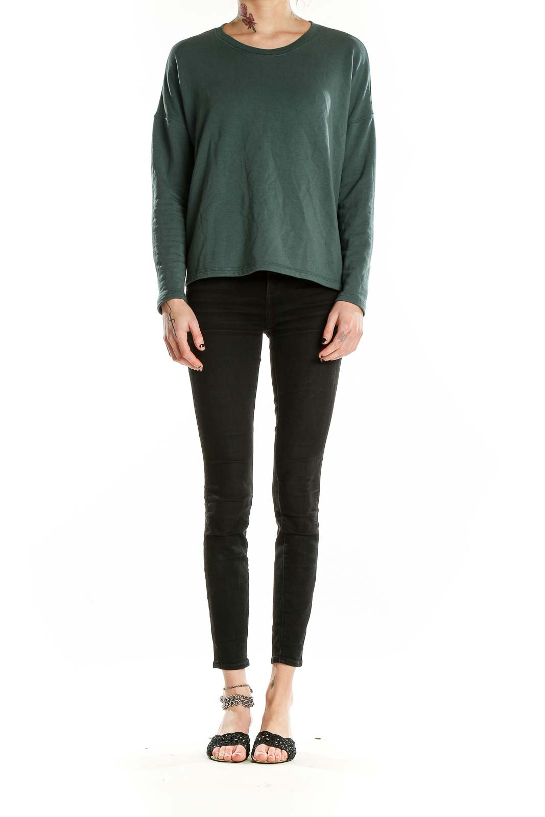 Front view of Madewell forest green relaxed fit long sleeve top