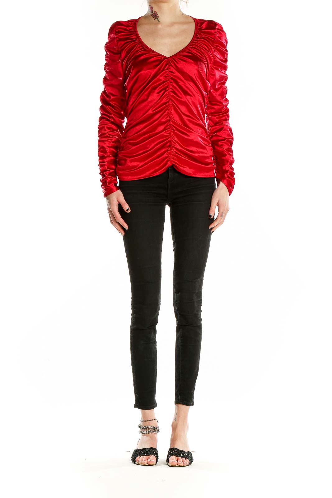 Front view of MARC NEW YORK red ruched satin long sleeve top