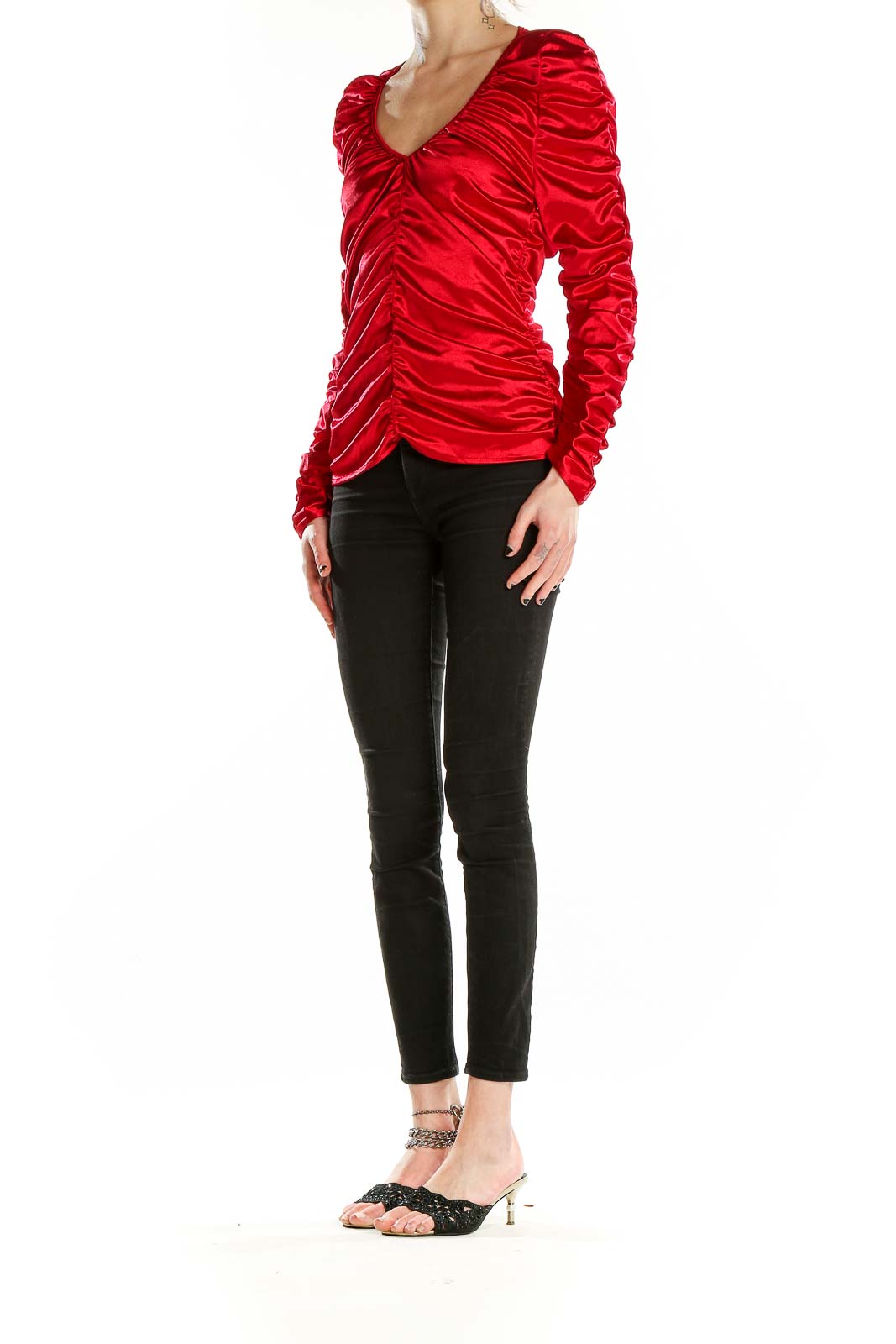 Front view of MARC NEW YORK red ruched satin long sleeve top