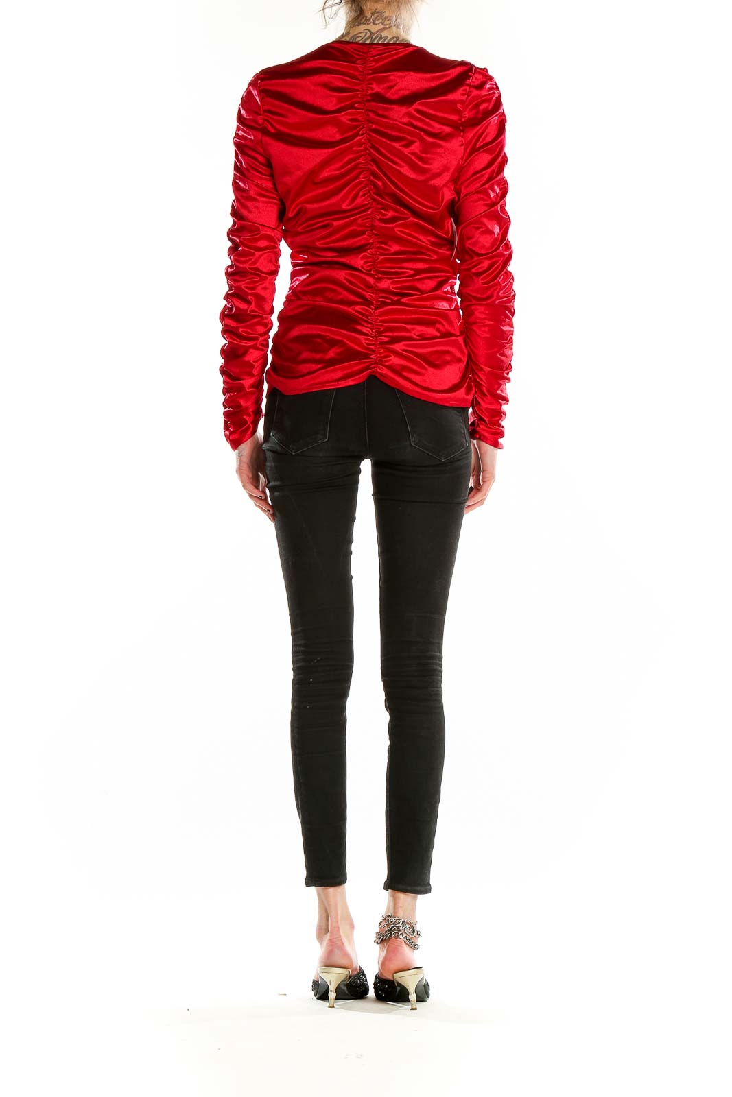 Back view of MARC NEW YORK red ruched satin long sleeve top