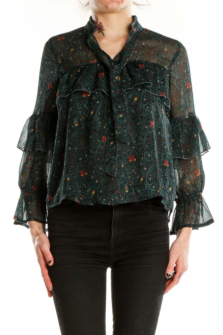 Front view of Lucky Brand dark green sheer blouse with floral print and ruffle details