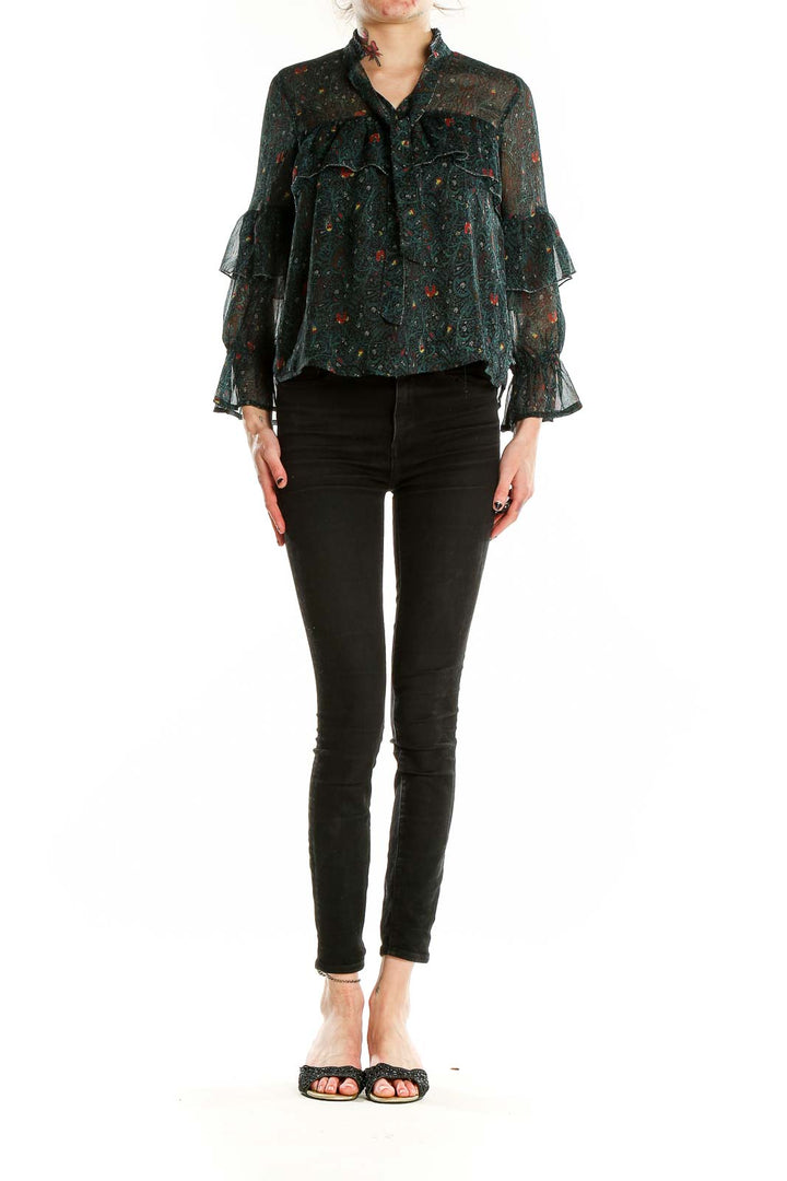 Front view of Lucky Brand dark green sheer blouse with floral print and ruffle details