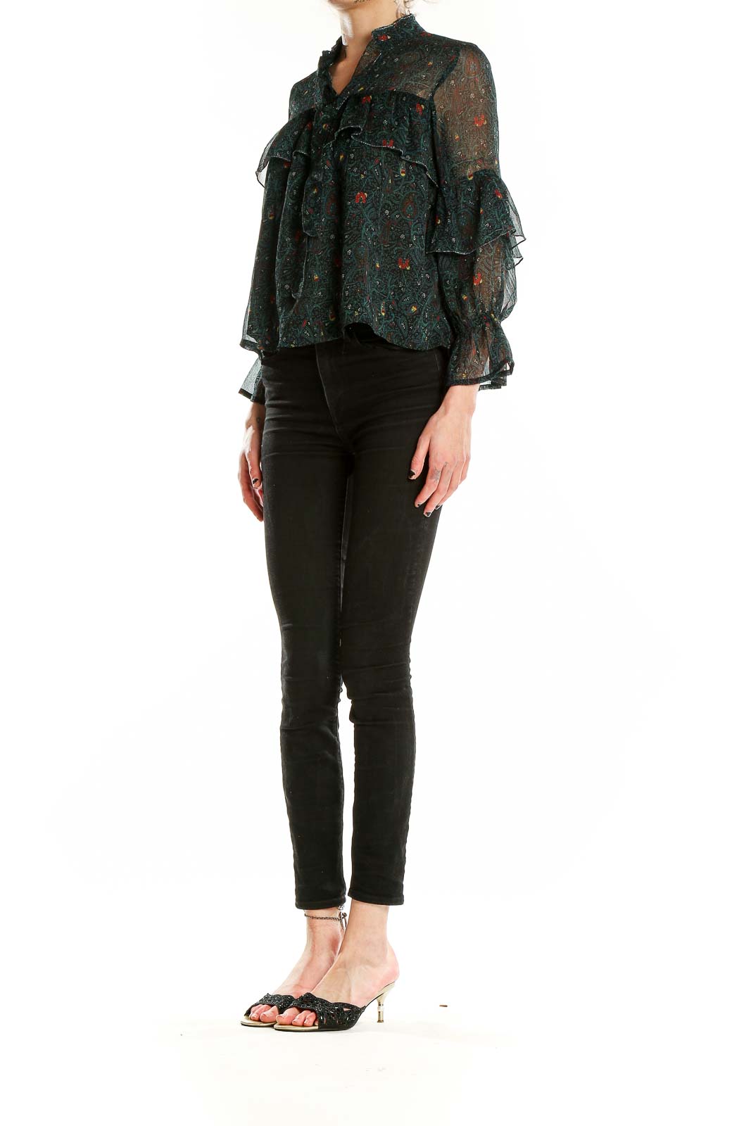 Front view of Lucky Brand dark green sheer blouse with floral print and ruffle details