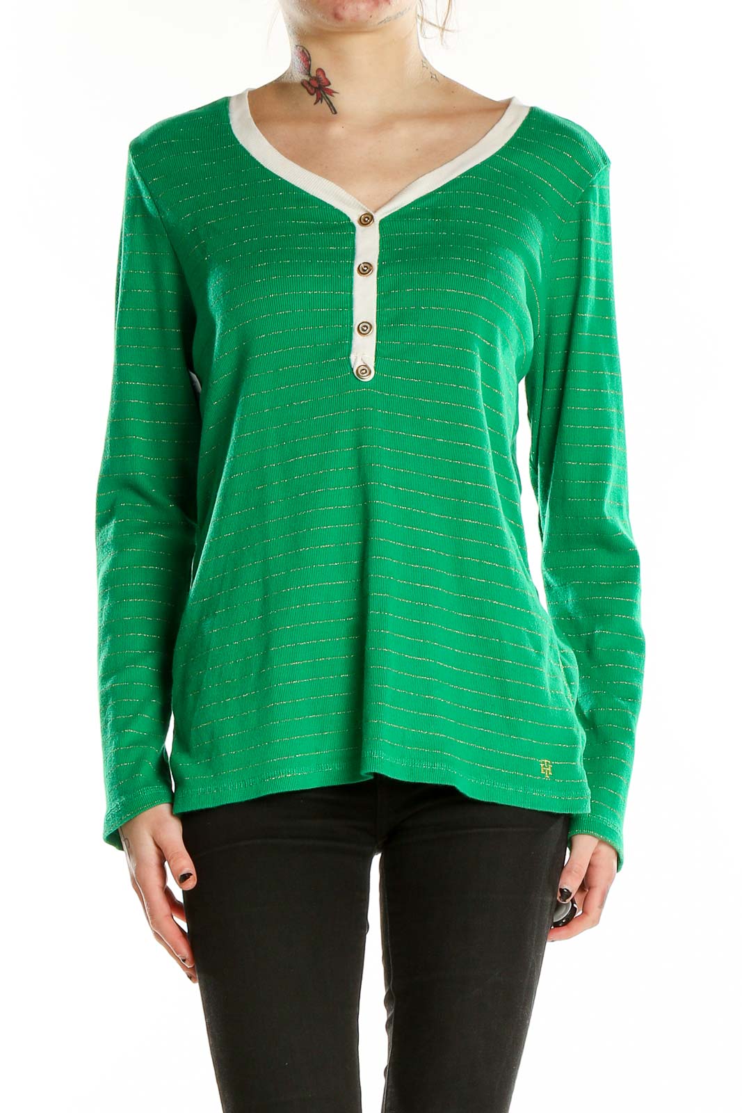 Front view of green striped Tommy Hilfiger henley top with white trim