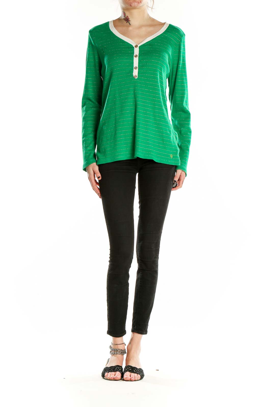 Front view of green striped Tommy Hilfiger henley top with white trim